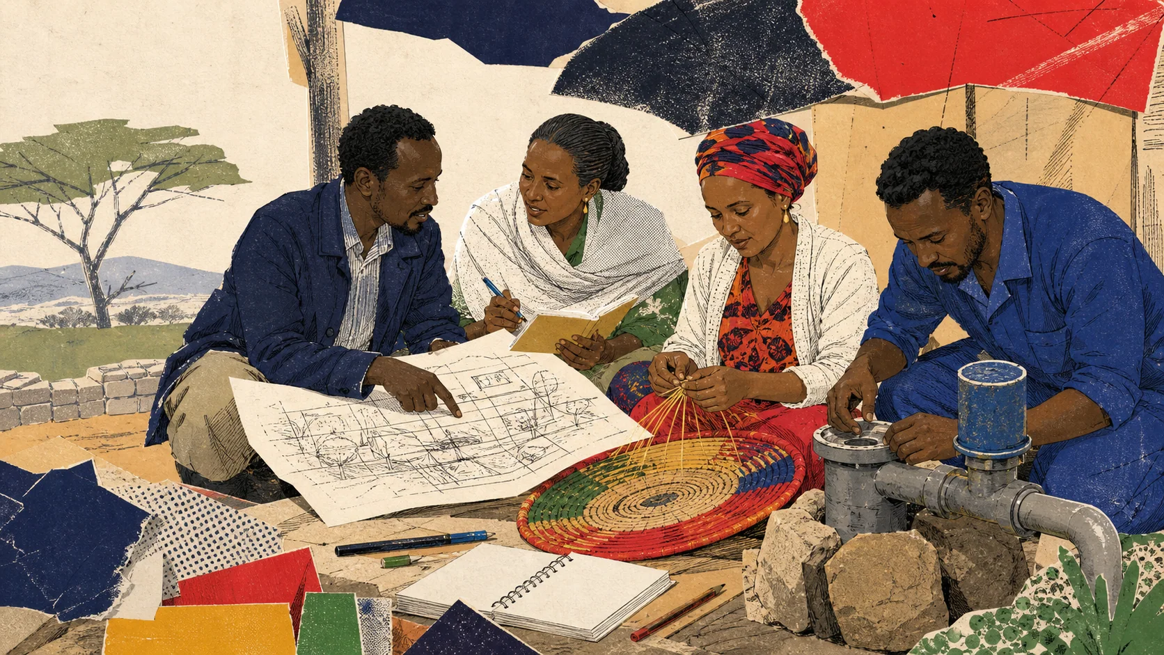 የውሃ፣ የትምህርት እና የኑሮ ሥራን አብረው የሚያቅዱ የኢትዮጵያ ማህበረሰብ አባላት ስዕል
