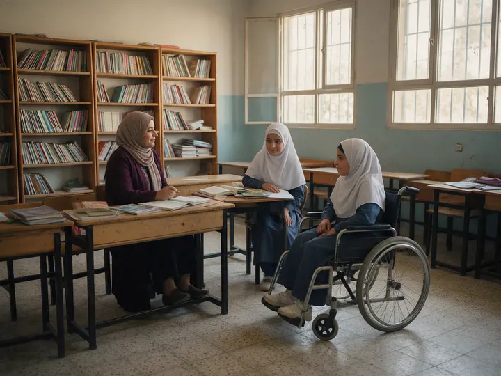 A Muslim teacher explains a learning activity to girls, including a wheelchair user