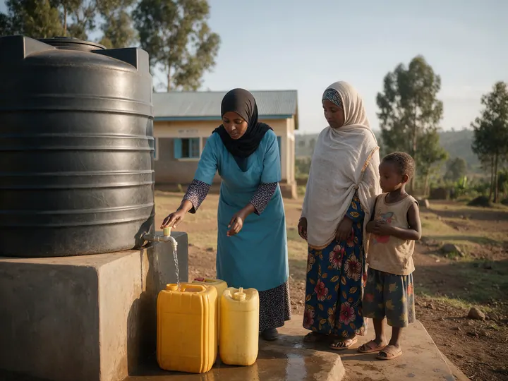 A Muslim health worker explains safe water use to a mother and child