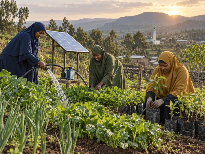 Muslim women use solar-powered irrigation in a community garden