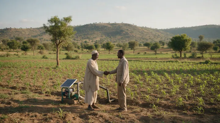 Two local men shake hands beside a solar-powered irrigation project.