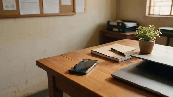 An organized association desk with a phone, computer, notebook and plant.